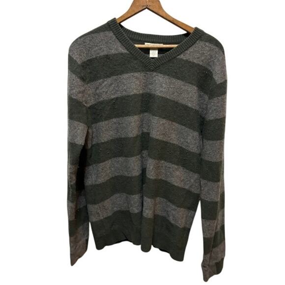 White + Warren sweater cashmere V-neck gray and olive green stripes sz XL - Picture 1 of 8